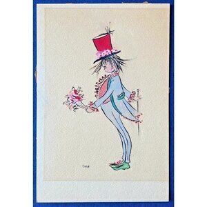 Vintage Original Mixed Medium Art Whimsical Figure Unframed 15"L X 10"W Kitch